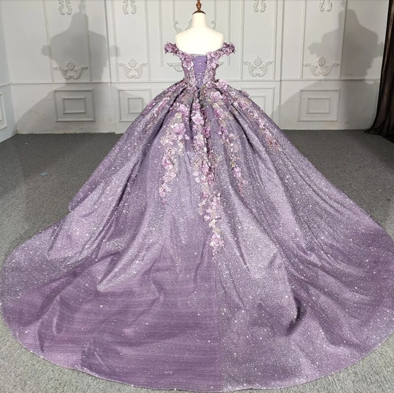 3D Floral Beaded Sweetheart Lavender Off The Shoulder Shimmering Lace Up Enclosure Quinceañera Special Occasion Event Pageant Ball Gown