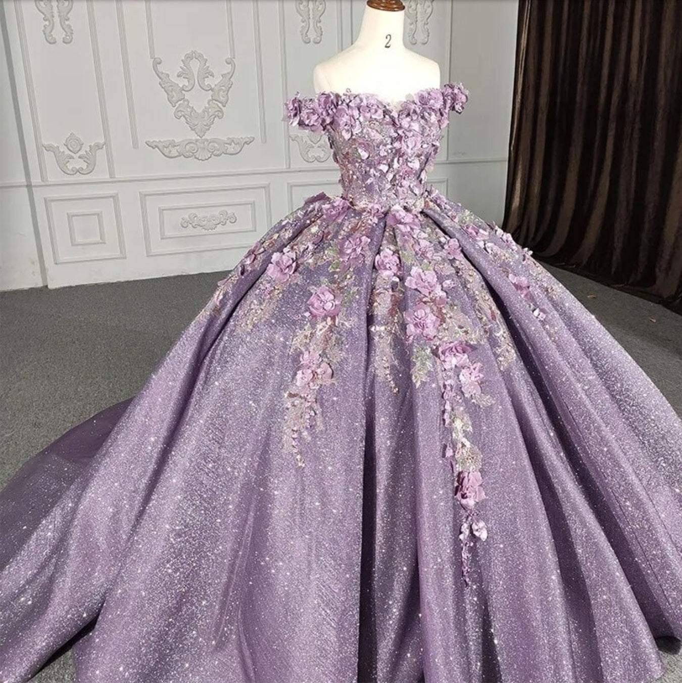 3D Floral Beaded Sweetheart Lavender Off The Shoulder Shimmering Lace Up Enclosure Quinceañera Special Occasion Event Pageant Ball Gown