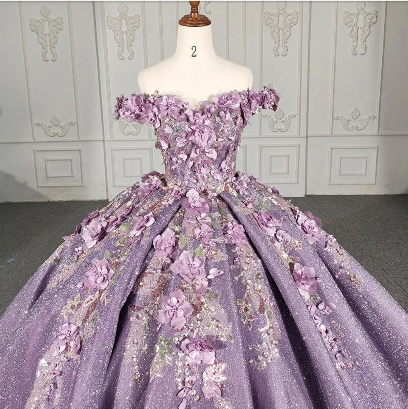 3D Floral Beaded Sweetheart Lavender Off The Shoulder Shimmering Lace Up Enclosure Quinceañera Special Occasion Event Pageant Ball Gown