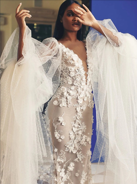 3D Floral Mermaid/Trumpet Gown With Dramatic Polka Dotted Tulle Sleeves