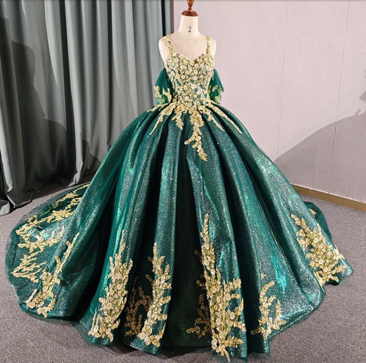 3D Floral Shimmering Gold & Emerald Green Spaghetti Strap Quinceañera Special Occasion Pageant Bat Mitzvah Princess Ball Gown