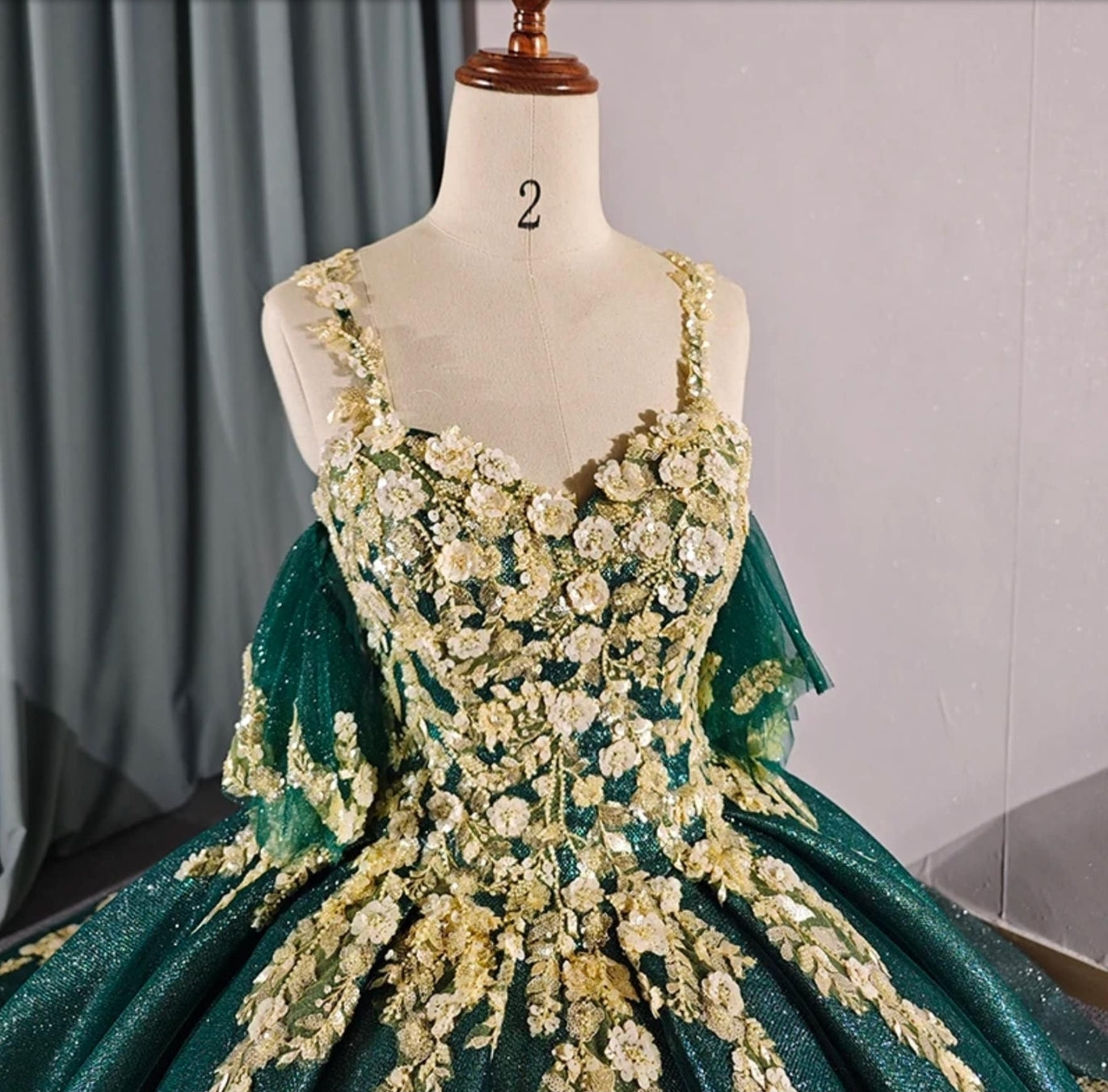 3D Floral Shimmering Gold & Emerald Green Spaghetti Strap Quinceañera Special Occasion Pageant Bat Mitzvah Princess Ball Gown