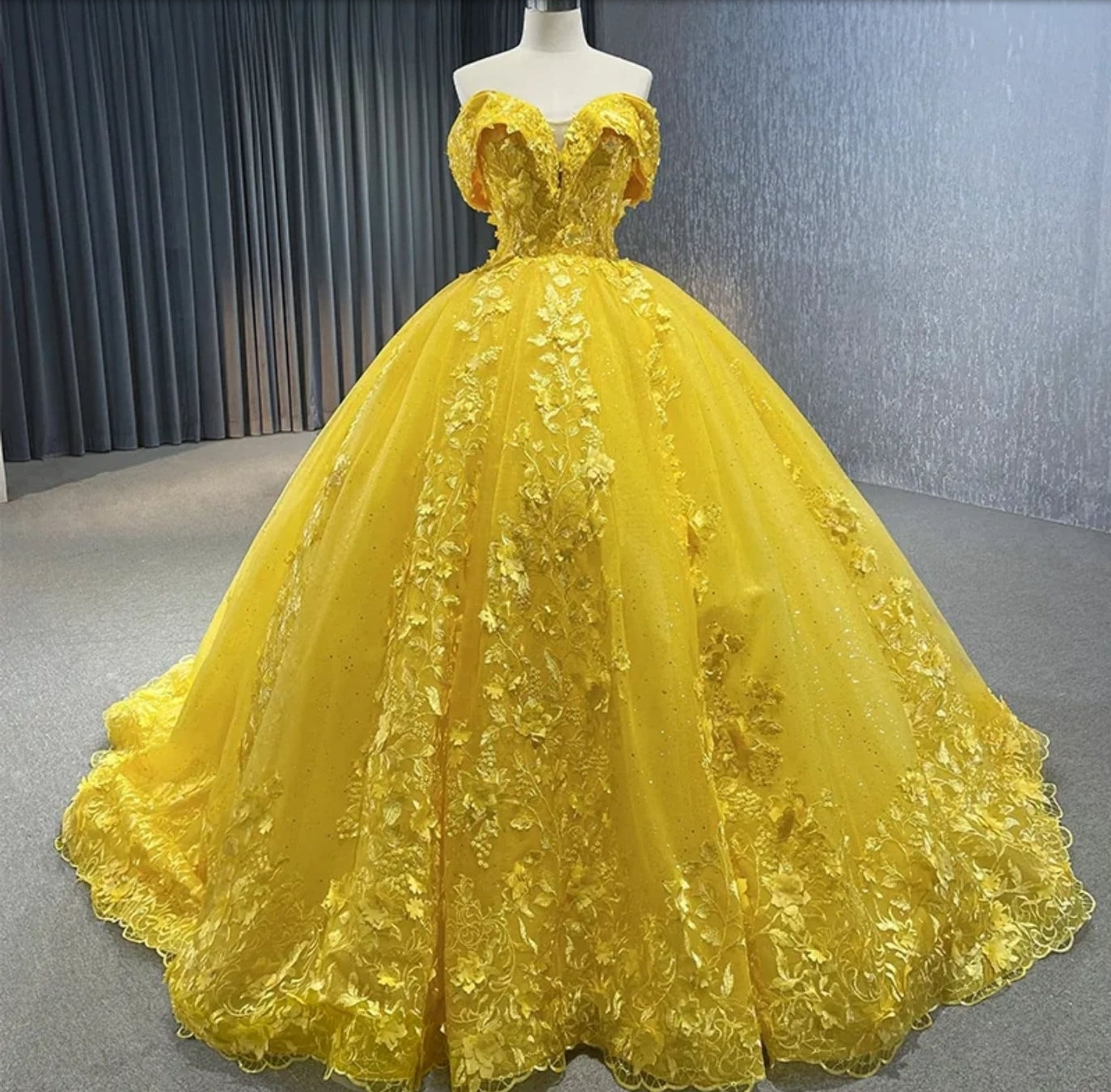 3D Floral Yellow Beaded And Sequin Appliqué Off The Shoulder Shimmering Quinceañera Special Occasion Party Event Gown With Sweep Train