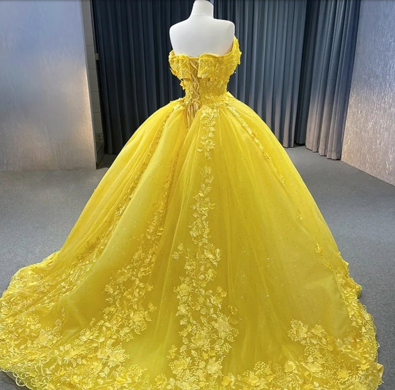 3D Floral Yellow Beaded And Sequin Appliqué Off The Shoulder Shimmering Quinceañera Special Occasion Party Event Gown With Sweep Train