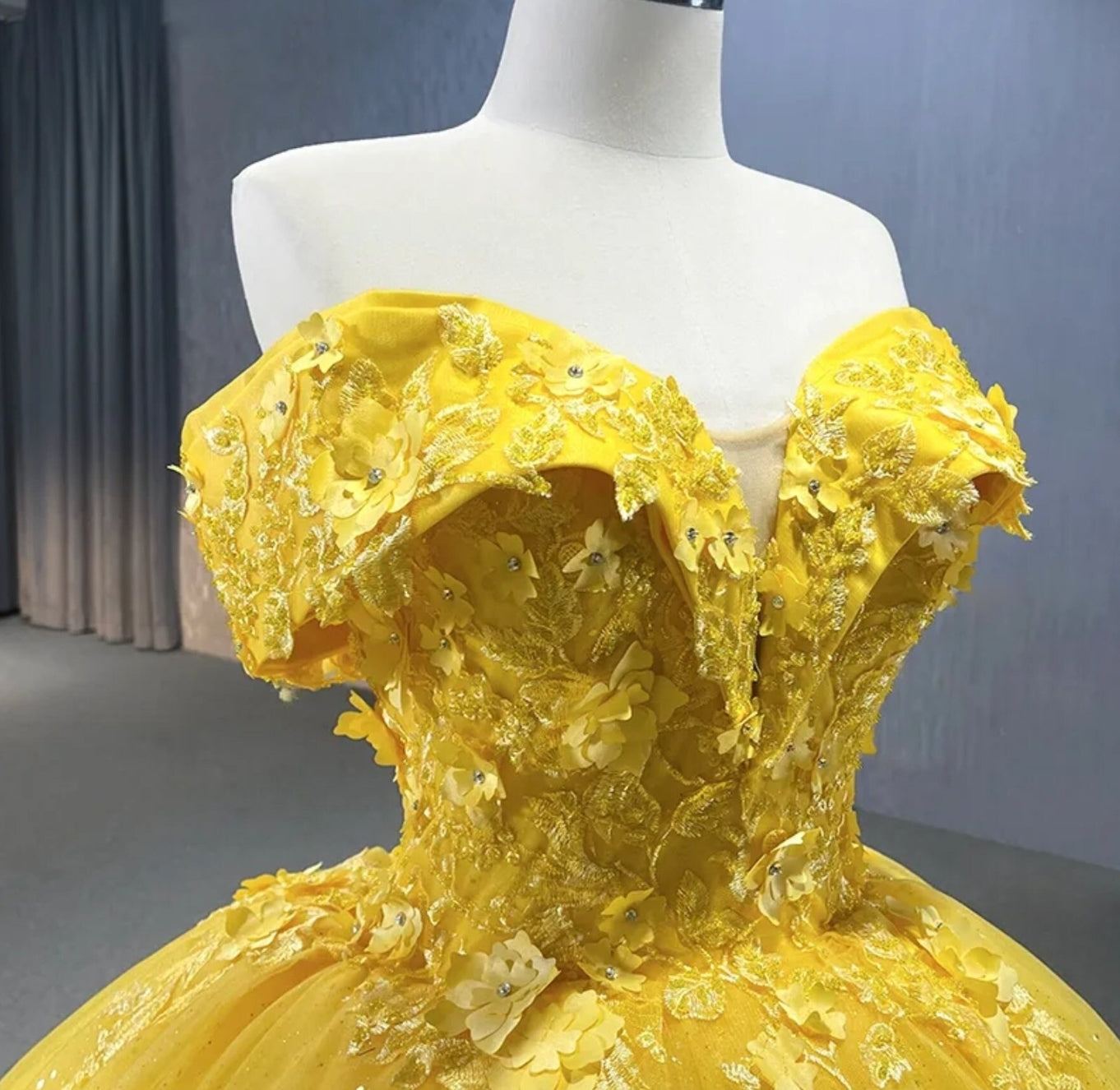 3D Floral Yellow Beaded And Sequin Appliqué Off The Shoulder Shimmering Quinceañera Special Occasion Party Event Gown With Sweep Train