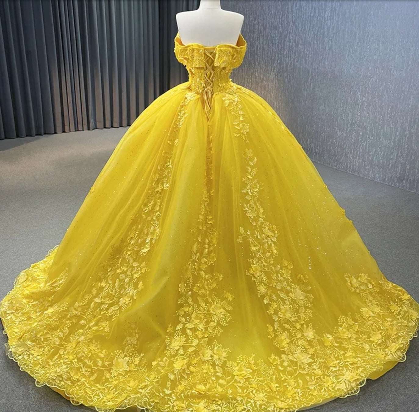 3D Floral Yellow Beaded And Sequin Appliqué Off The Shoulder Shimmering Quinceañera Special Occasion Party Event Gown With Sweep Train