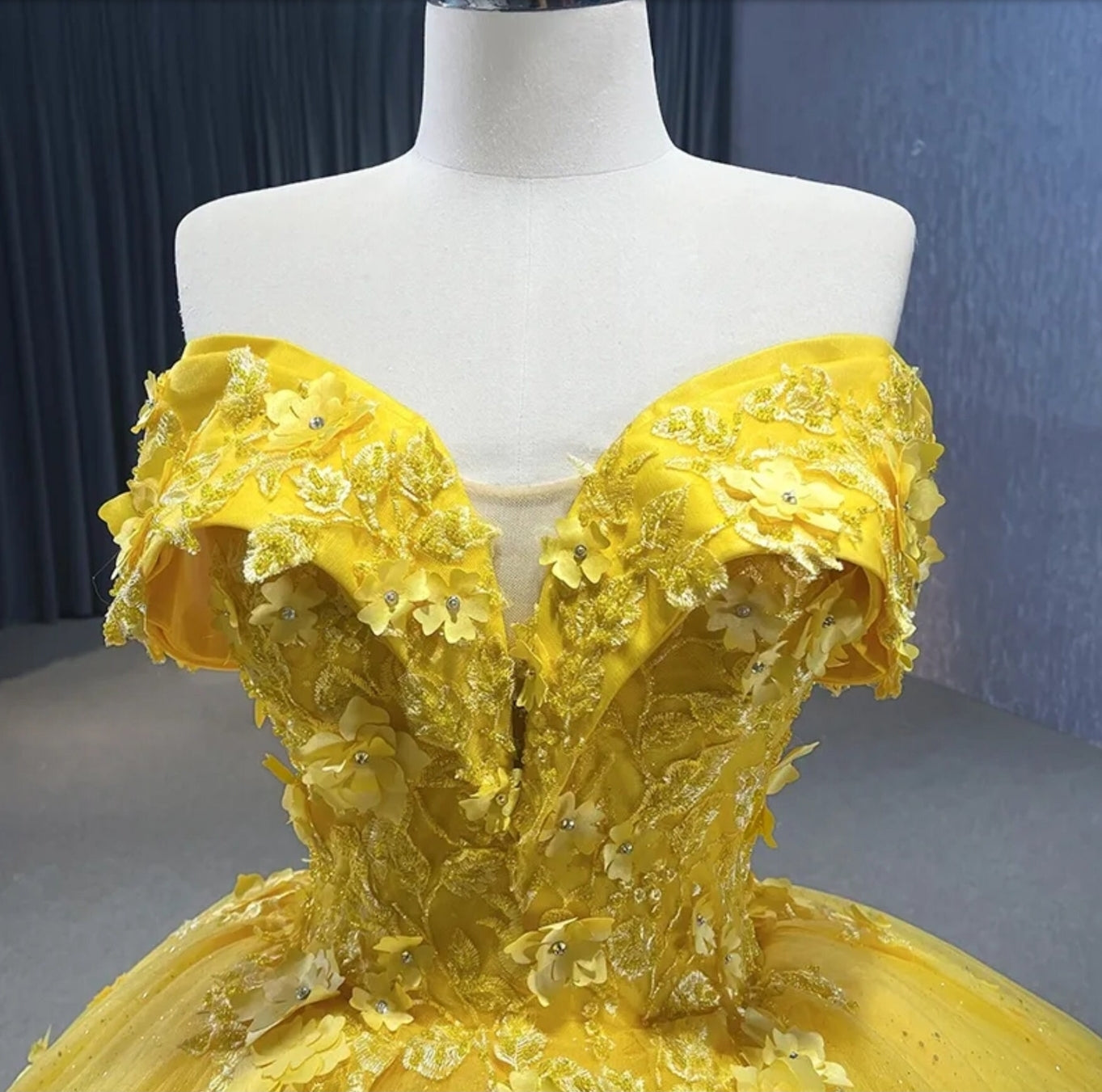 3D Floral Yellow Beaded And Sequin Appliqué Off The Shoulder Shimmering Quinceañera Special Occasion Party Event Gown With Sweep Train