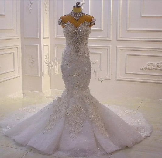 3D Flowers And Fully Beaded Luxury Mermaid/Trumpet Gown