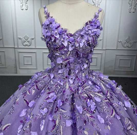 3D Purple Floral Appliqués Spaghetti Strap Multi Beaded And Sequin Quinceañera Special Occasion Pageant Party Event Gown