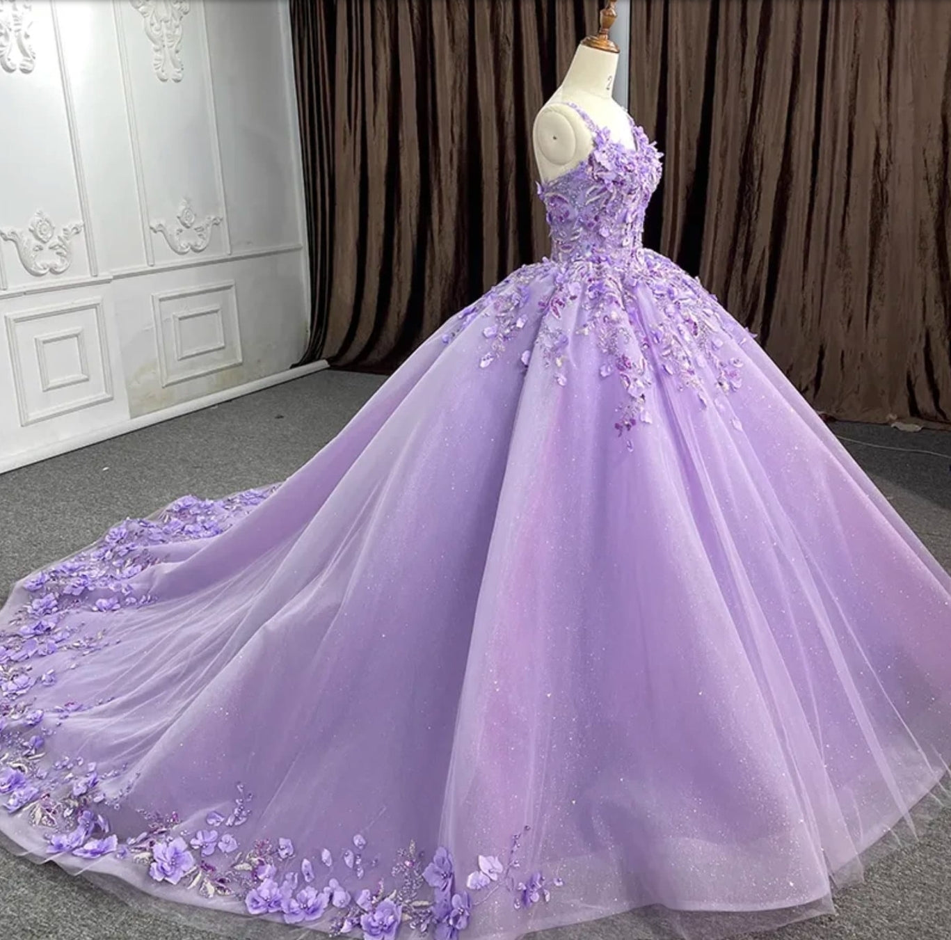 3D Purple Floral Appliqués Spaghetti Strap Multi Beaded And Sequin Quinceañera Special Occasion Pageant Party Event Gown