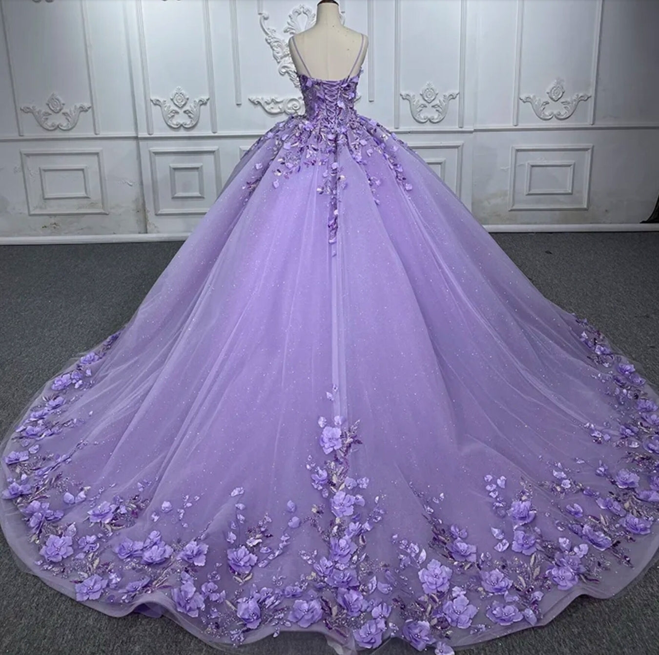 3D Purple Floral Appliqués Spaghetti Strap Multi Beaded And Sequin Quinceañera Special Occasion Pageant Party Event Gown