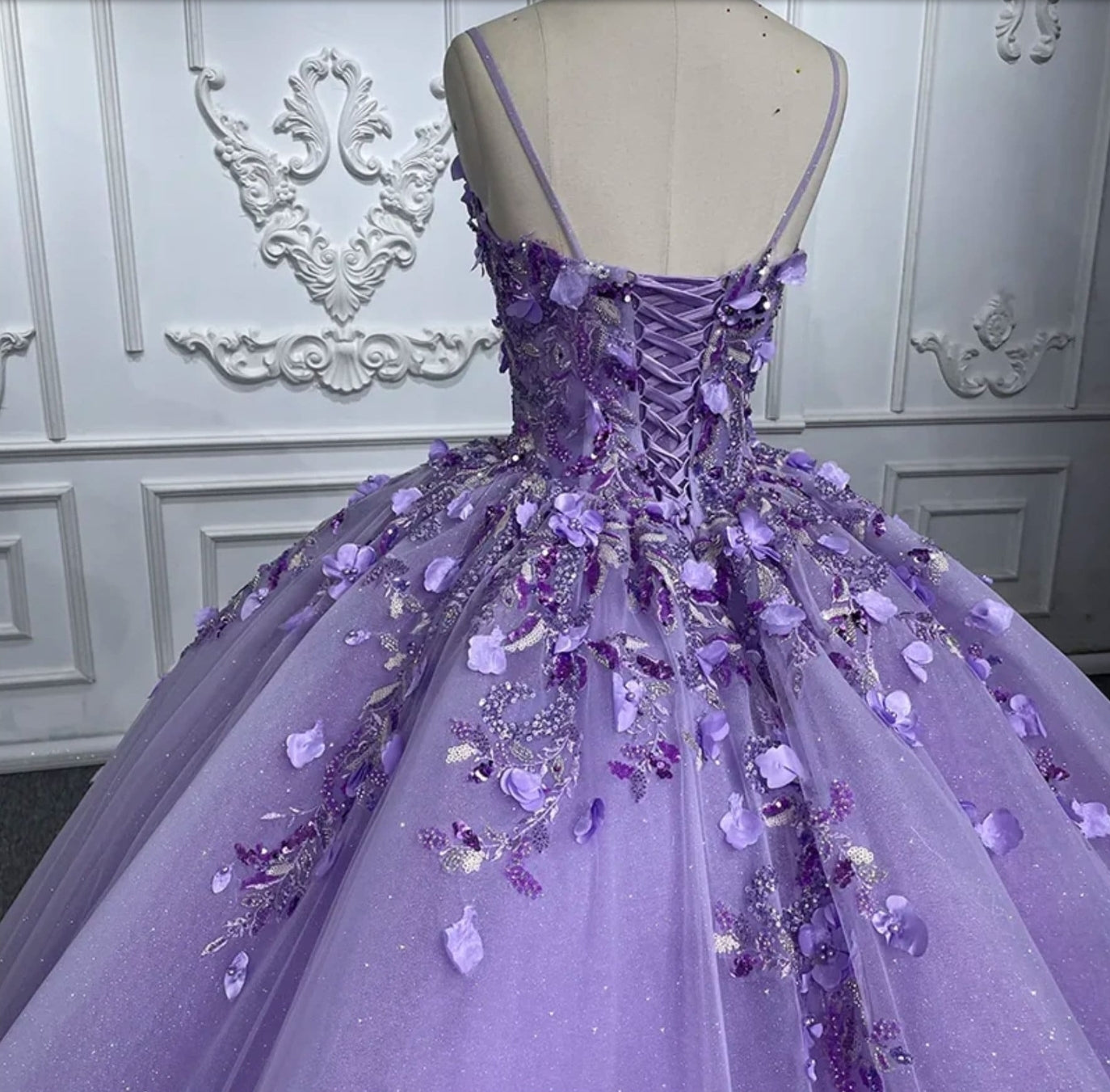 3D Purple Floral Appliqués Spaghetti Strap Multi Beaded And Sequin Quinceañera Special Occasion Pageant Party Event Gown