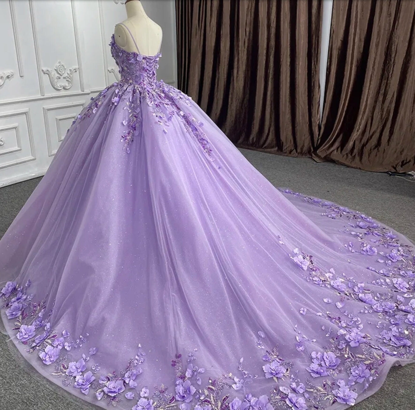 3D Purple Floral Appliqués Spaghetti Strap Multi Beaded And Sequin Quinceañera Special Occasion Pageant Party Event Gown