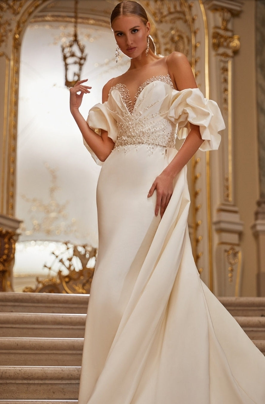 4 Piece Satin Rhinestone & Beading Satin Gown