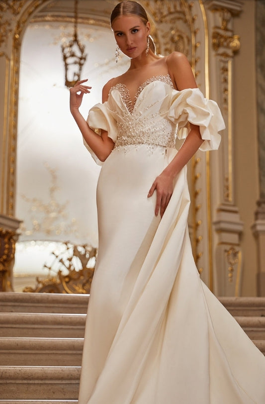 4 Piece Satin Rhinestone & Beading Satin Gown