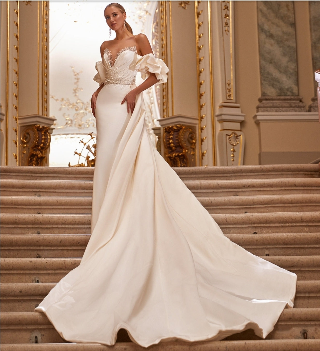 4 Piece Satin Rhinestone & Beading Satin Gown