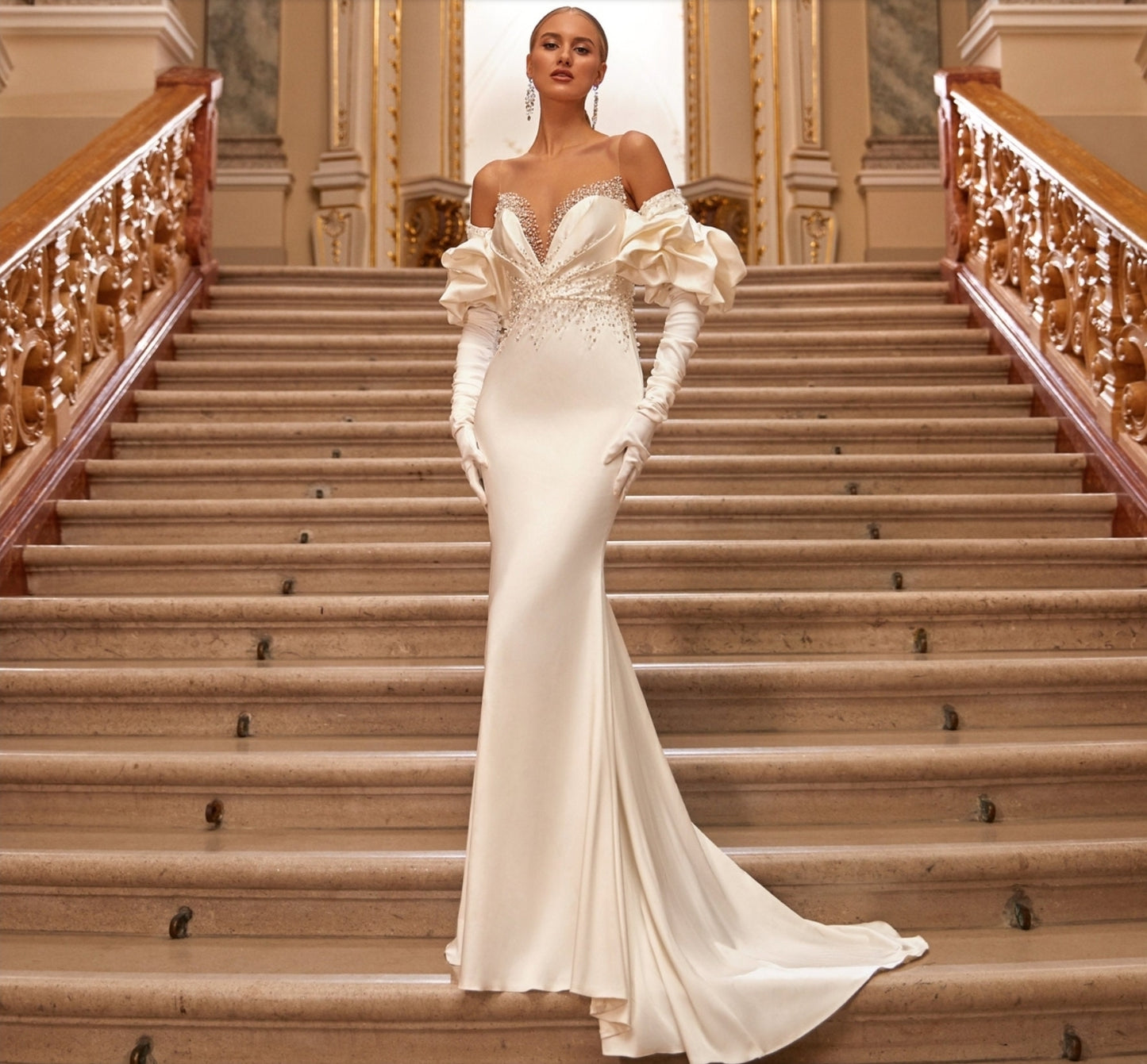 4 Piece Satin Rhinestone & Beading Satin Gown