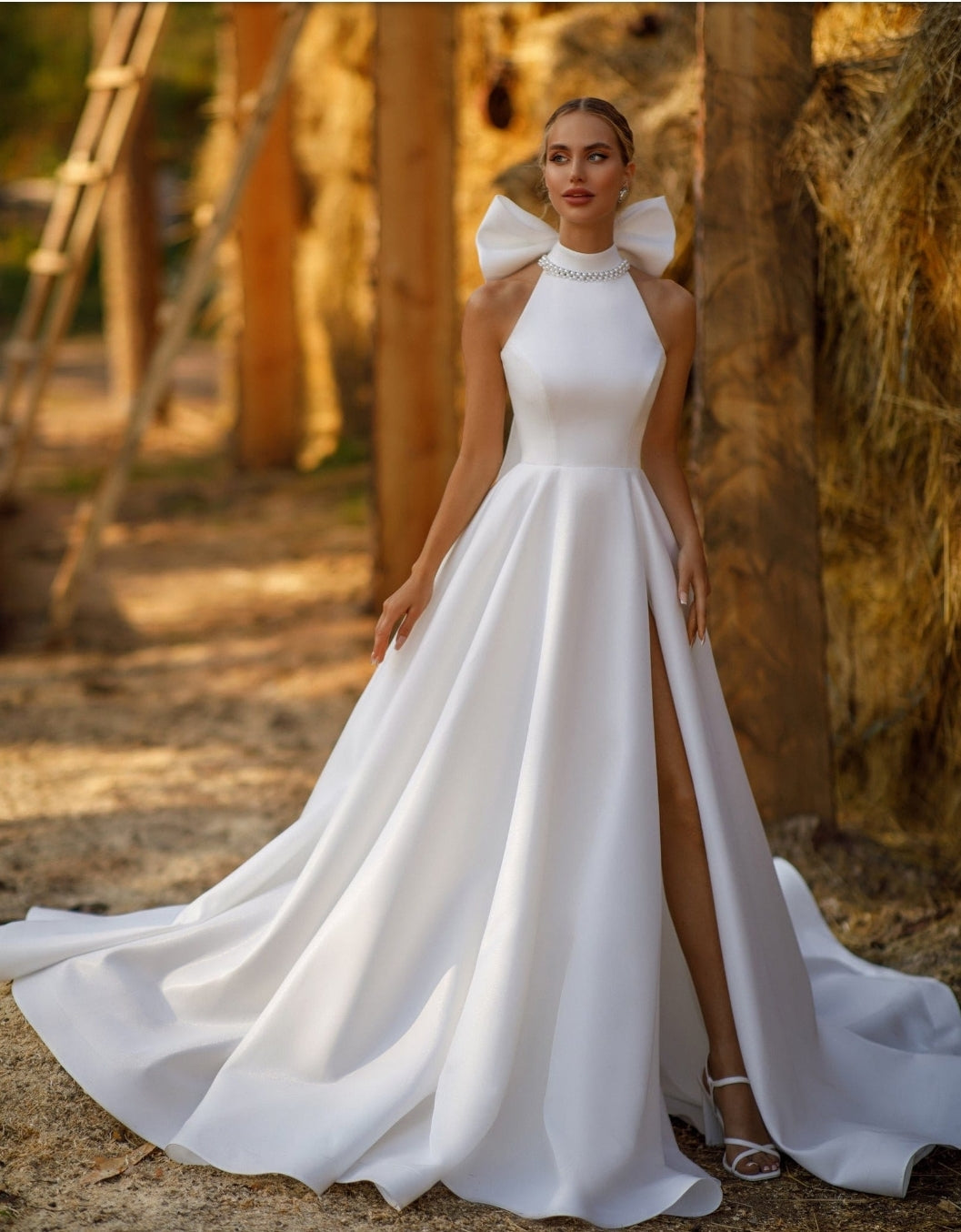 A-Line Pearl Beaded Halter Bow Knot Neck Gown