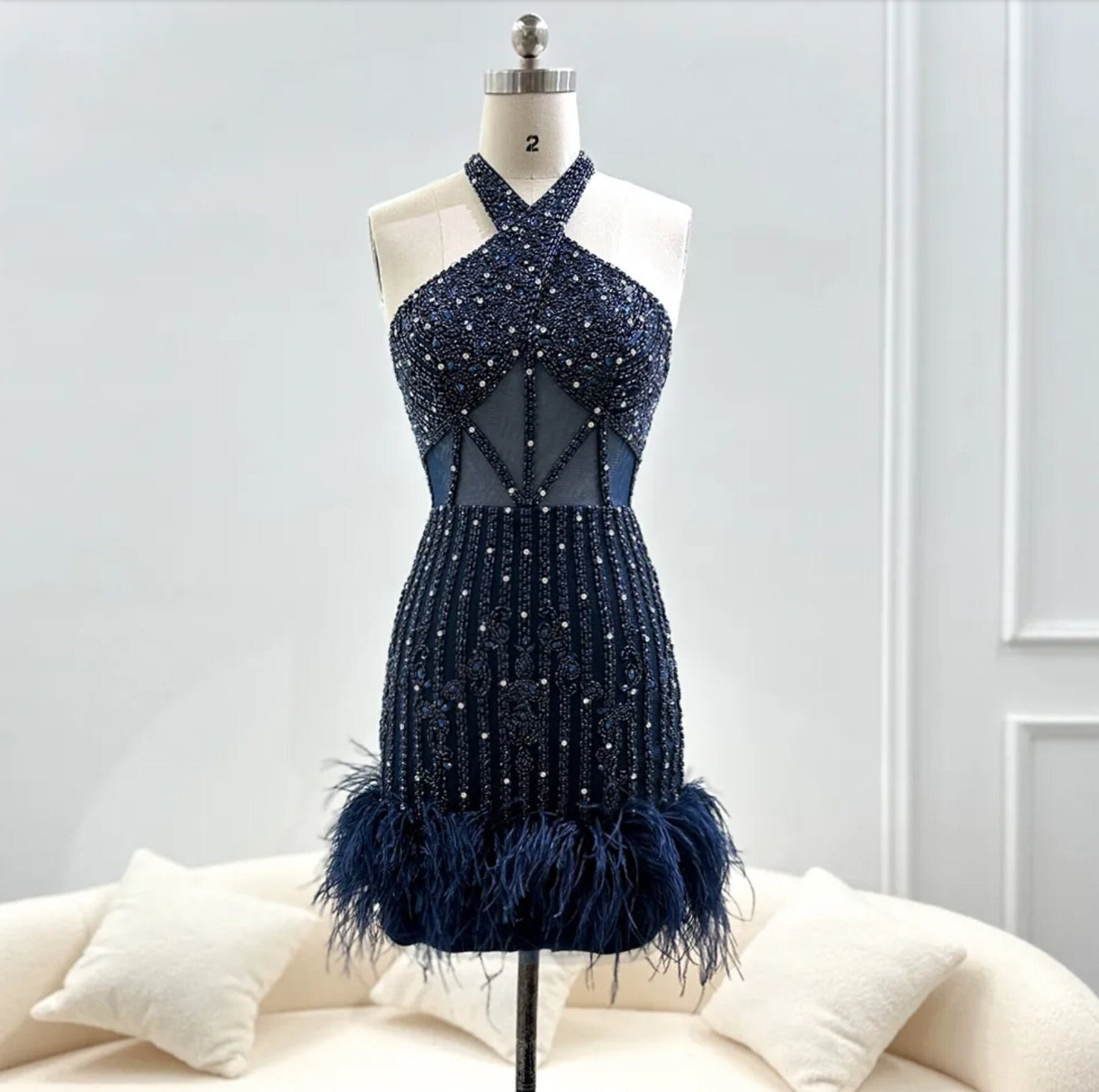 Above The Knee Halter Multi Beaded Feather Hem Trimmed Special Occasion Cocktail Evening Prom Dress