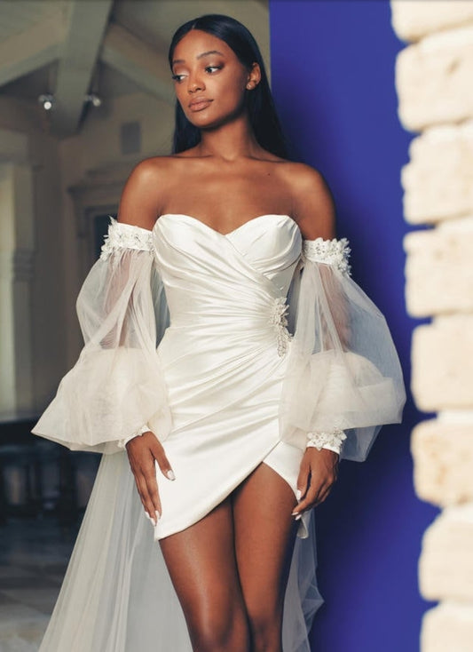 Strapless Above The Knee Pleated Floral Appliqué Accent High Low Sweetheart Dress With Detached Cape