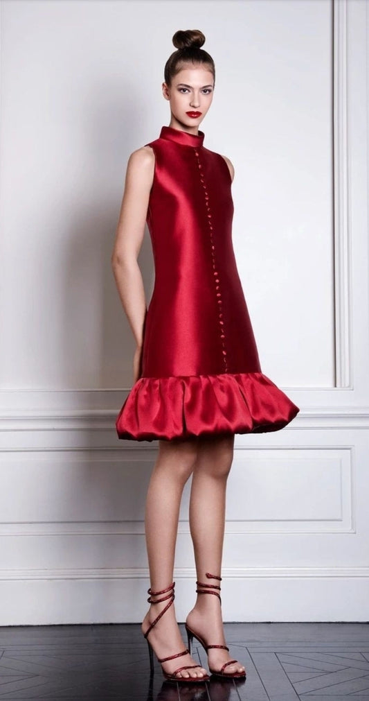 Above The Knee Satin Halter Neck Sheath Puff Trim Dress