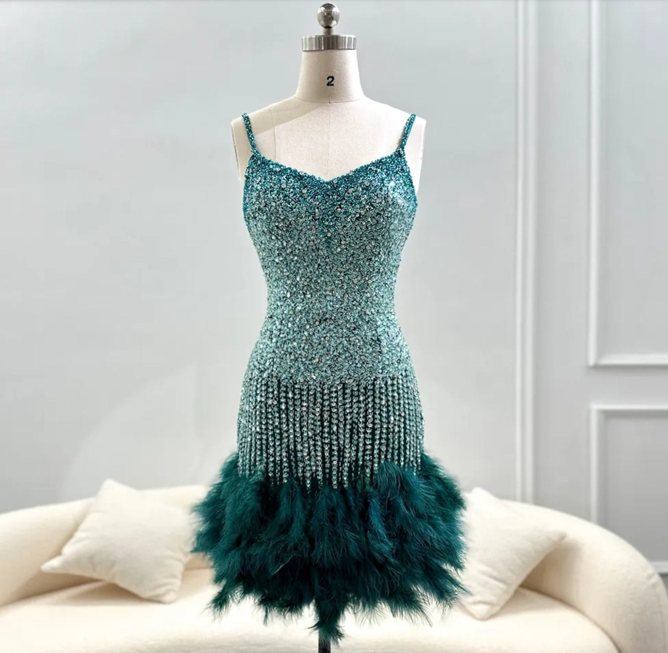 Above The Knee Sleeveless Multi Beaded Spaghetti Strap V Neck Feather Hem Trimmed Shaker Special Occasion Cocktail Prom Dress