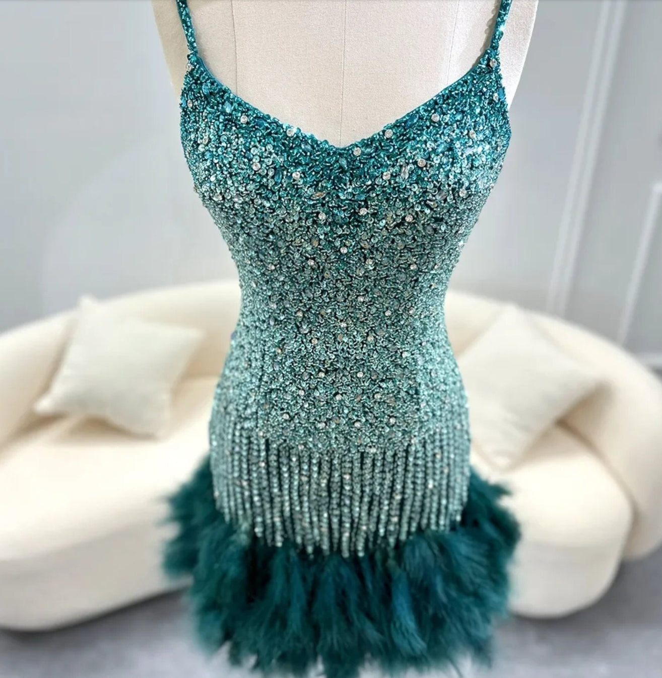 Above The Knee Sleeveless Multi Beaded Spaghetti Strap V Neck Feather Hem Trimmed Shaker Special Occasion Cocktail Prom Dress