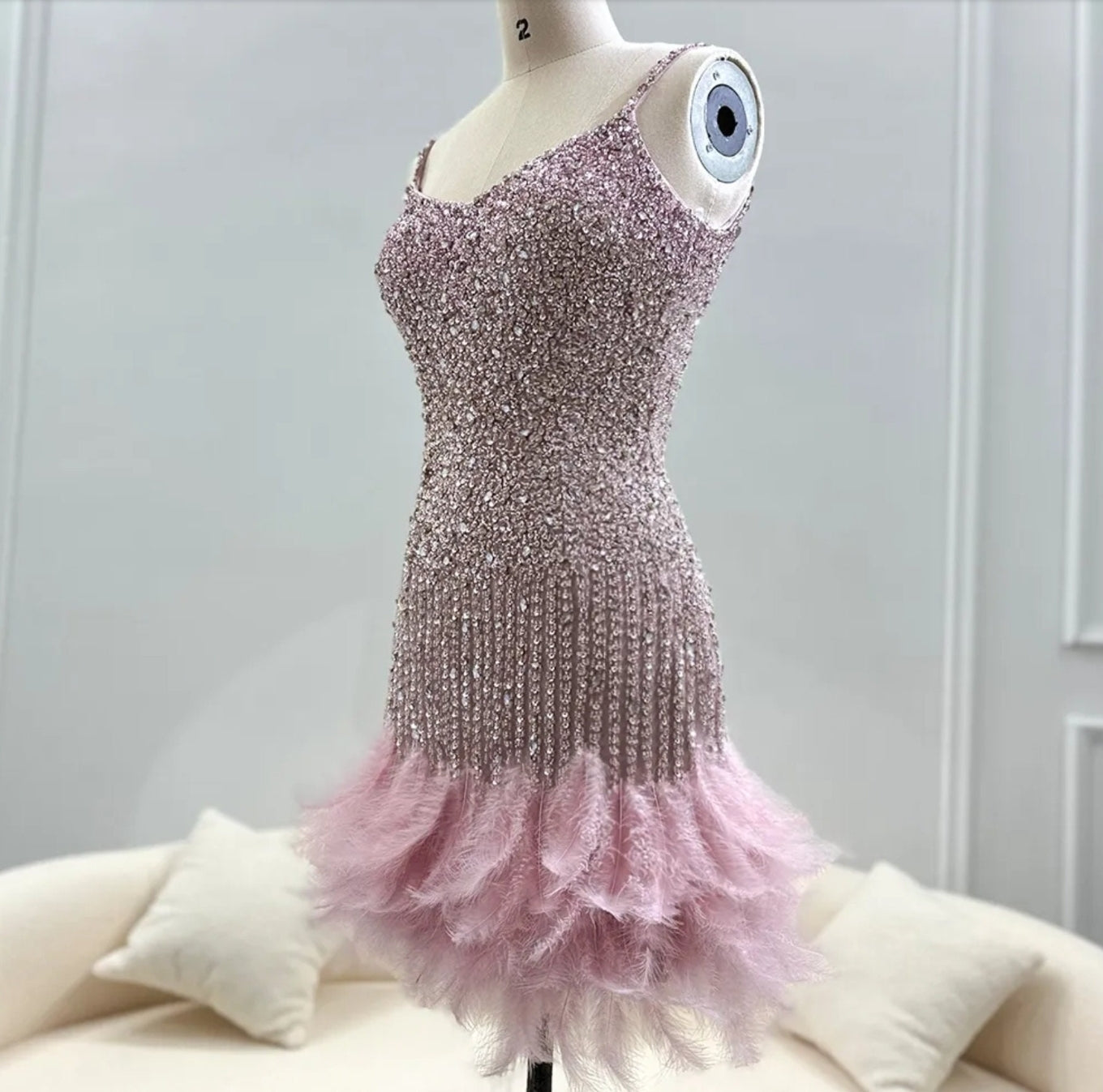 Above The Knee Sleeveless Multi Beaded Spaghetti Strap V Neck Feather Hem Trimmed Shaker Special Occasion Cocktail Prom Dress