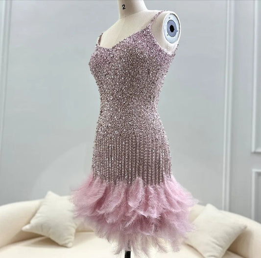 Above The Knee Sleeveless Multi Beaded Spaghetti Strap V Neck Feather Hem Trimmed Shaker Special Occasion Cocktail Prom Dress