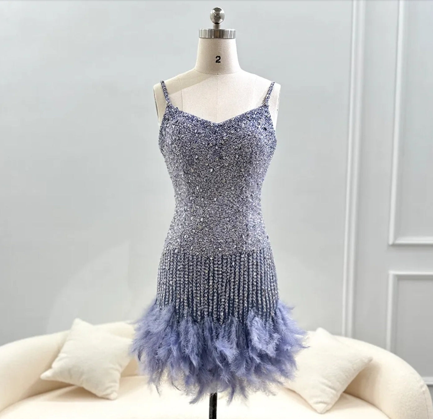 Above The Knee Sleeveless Multi Beaded Spaghetti Strap V Neck Feather Hem Trimmed Shaker Special Occasion Cocktail Prom Dress