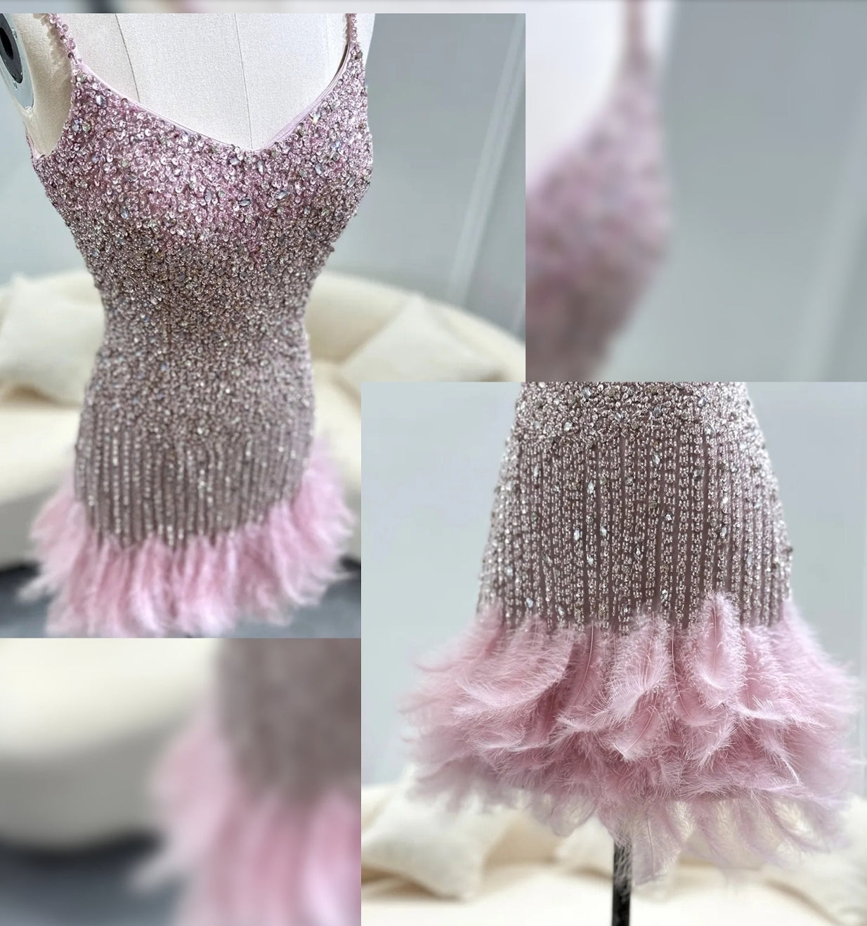 Above The Knee Sleeveless Multi Beaded Spaghetti Strap V Neck Feather Hem Trimmed Shaker Special Occasion Cocktail Prom Dress