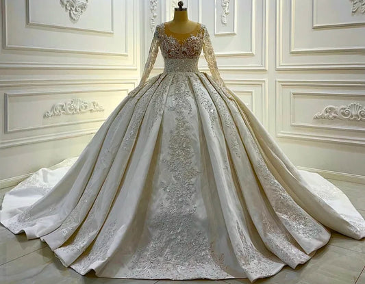 Absolutely Gorgeous Victorian Satin Beaded Lace Appliqué Long Sleeve Wedding Ball Gown