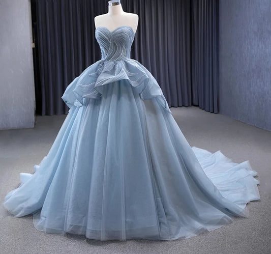 Baby Blue Strapless Pleated Crystal Beaded Layered Organza Sweetheart Quinceañera Special Occasion Pageant Party Bridal Gown