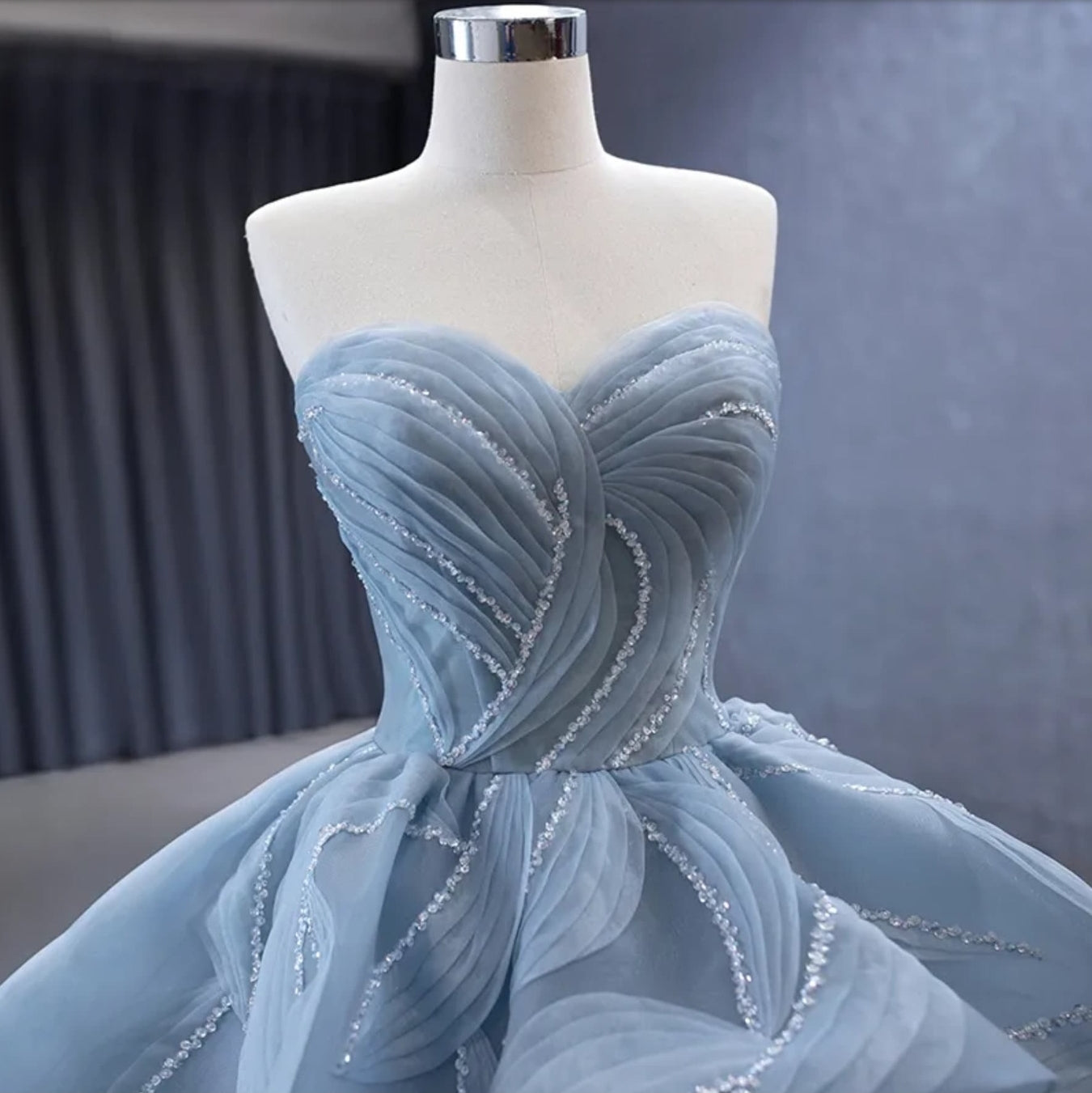 Baby Blue Strapless Pleated Crystal Beaded Layered Organza Sweetheart Quinceañera Special Occasion Pageant Party Bridal Gown