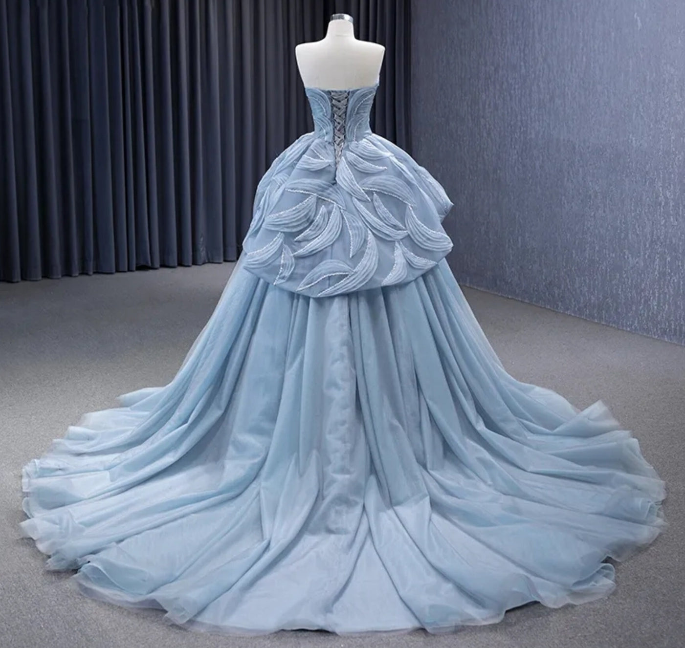 Baby Blue Strapless Pleated Crystal Beaded Layered Organza Sweetheart Quinceañera Special Occasion Pageant Party Bridal Gown