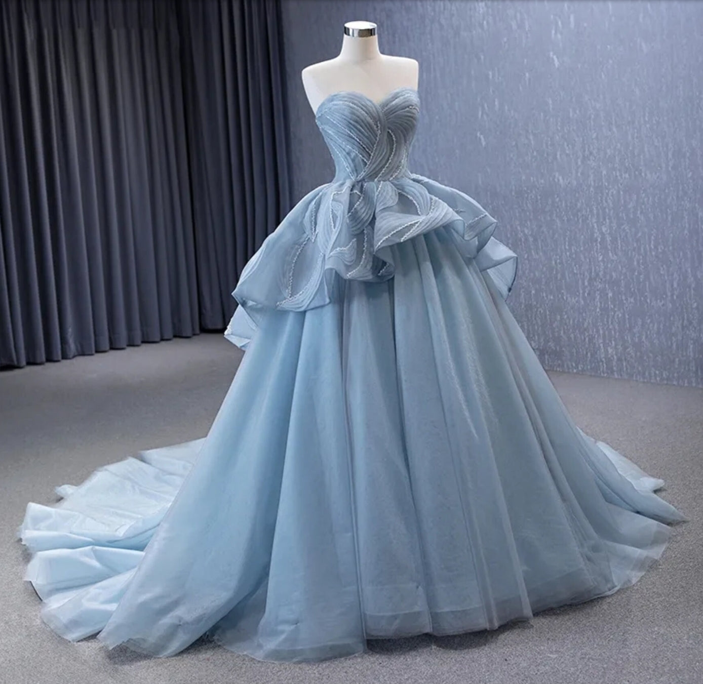 Baby Blue Strapless Pleated Crystal Beaded Layered Organza Sweetheart Quinceañera Special Occasion Pageant Party Bridal Gown