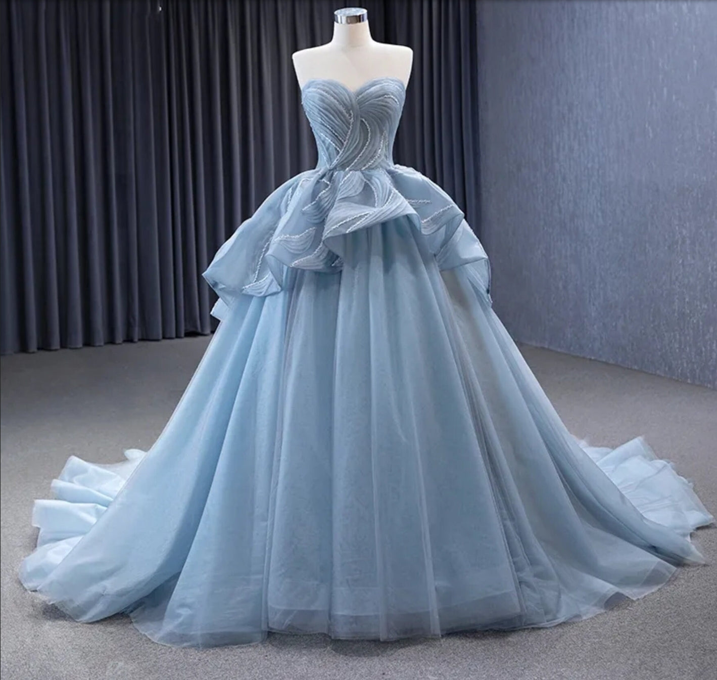 Baby Blue Strapless Pleated Crystal Beaded Layered Organza Sweetheart Quinceañera Special Occasion Pageant Party Bridal Gown