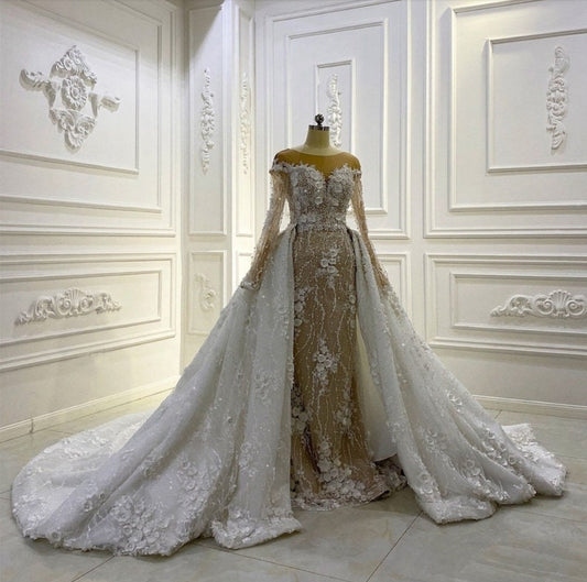 Beaded 3D Floral Sweetheart Illusion Long Sheer Sleeve Sheath Gown With Detachable Matching 3D Beaded Floral Court Train