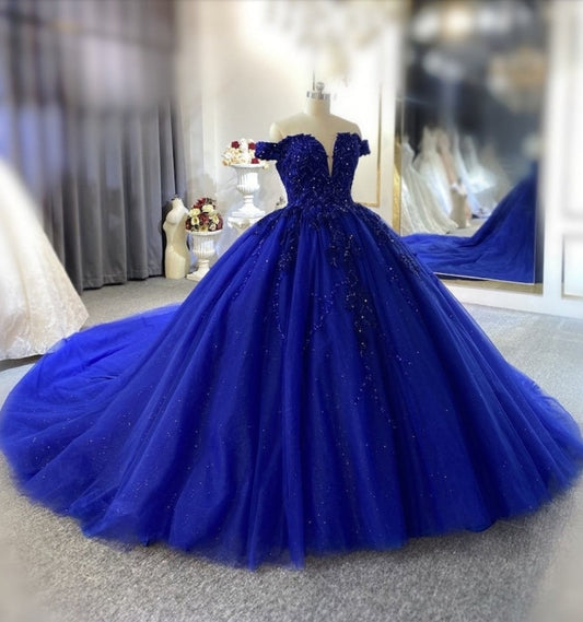 Beaded Blue Embroidered Lace Appliqué Off The Shoulder Shimmering Princess Quinceañera Sweet Sixteen Party Ball Gown