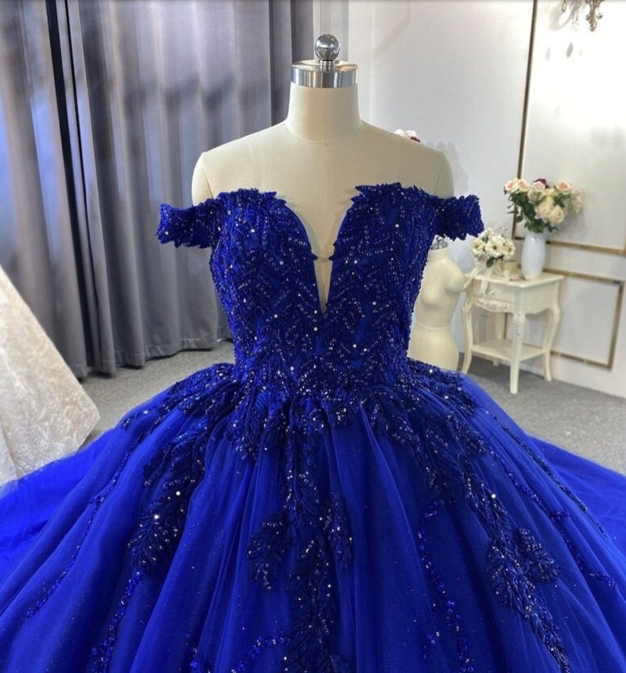 Beaded Blue Embroidered Lace Appliqué Off The Shoulder Shimmering Princess Quinceañera Sweet Sixteen Party Ball Gown