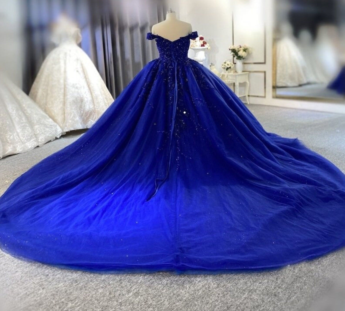 Beaded Blue Embroidered Lace Appliqué Off The Shoulder Shimmering Princess Quinceañera Sweet Sixteen Party Ball Gown