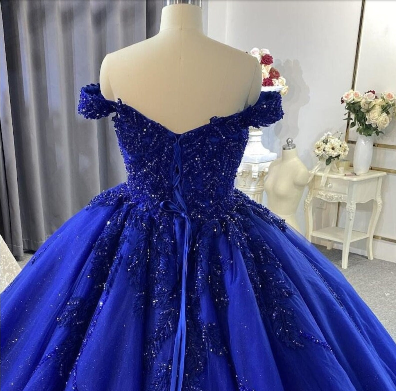 Beaded Blue Embroidered Lace Appliqué Off The Shoulder Shimmering Princess Quinceañera Sweet Sixteen Party Ball Gown