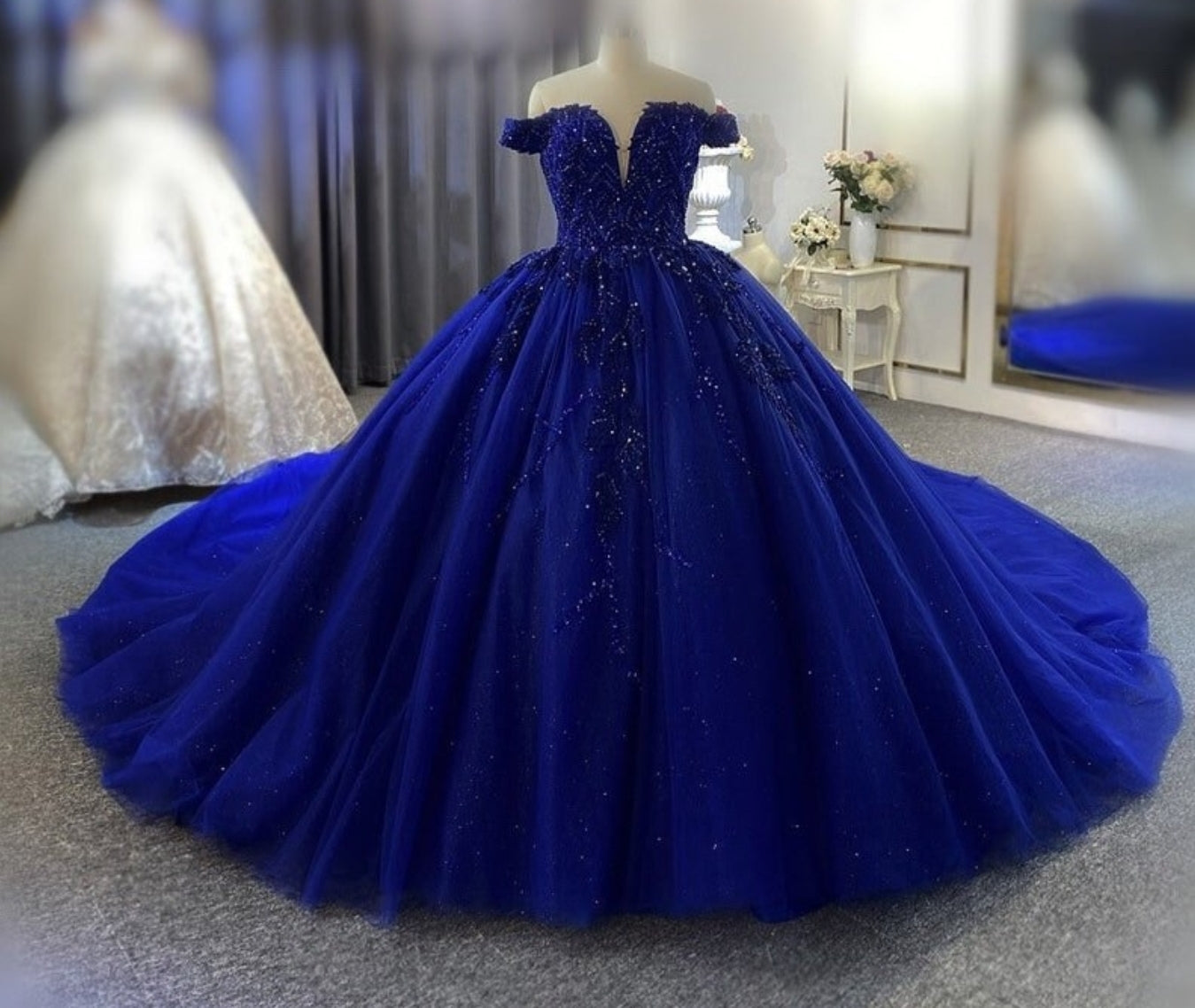 Beaded Blue Embroidered Lace Appliqué Off The Shoulder Shimmering Princess Quinceañera Sweet Sixteen Party Ball Gown