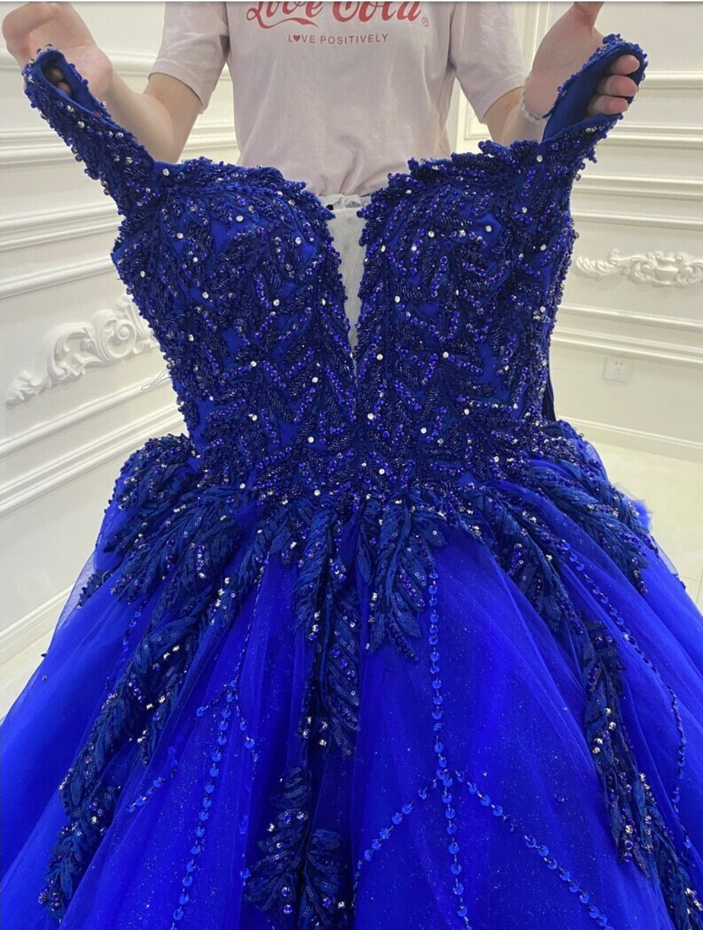 Beaded Blue Embroidered Lace Appliqué Off The Shoulder Shimmering Princess Quinceañera Sweet Sixteen Party Ball Gown