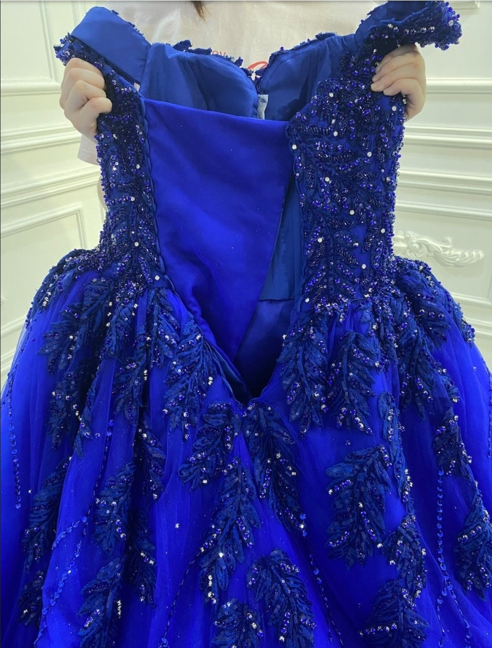 Beaded Blue Embroidered Lace Appliqué Off The Shoulder Shimmering Princess Quinceañera Sweet Sixteen Party Ball Gown