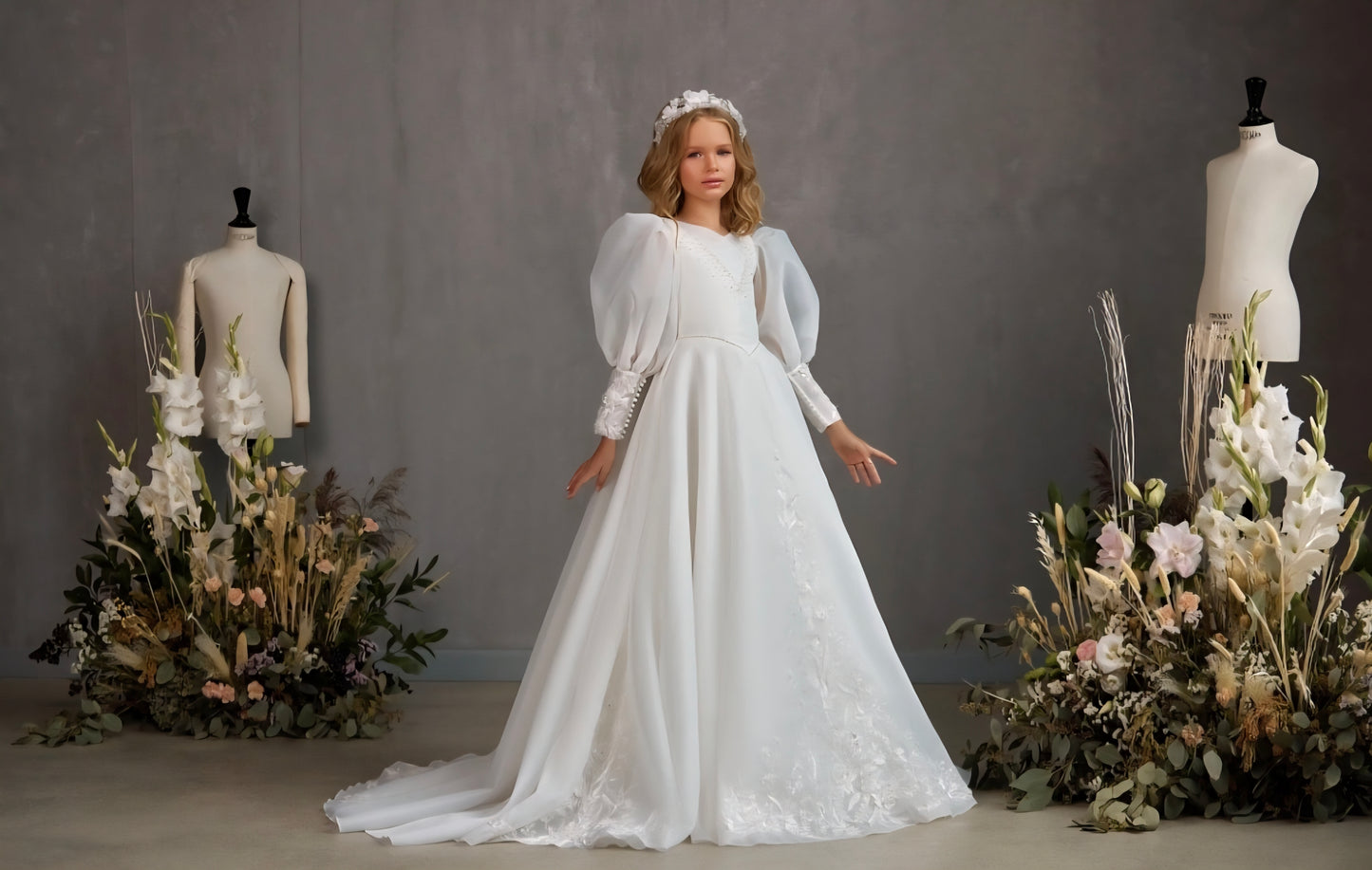 Beautiful And Elegance A-Line Long Sleeve Floral Lace Pearl Beaded Detail Flower/Communion Gown