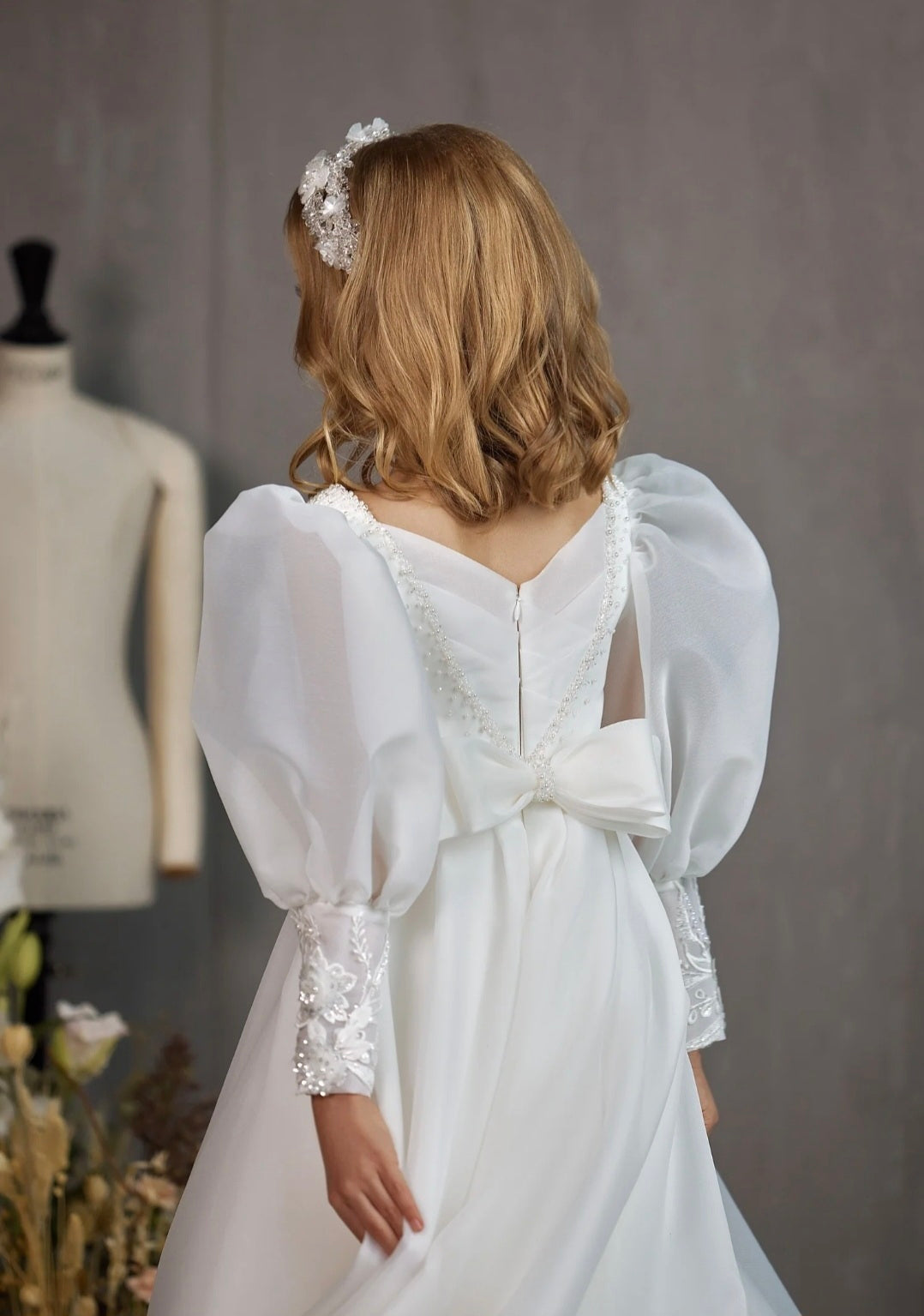 Beautiful And Elegance A-Line Long Sleeve Floral Lace Pearl Beaded Detail Flower/Communion Gown