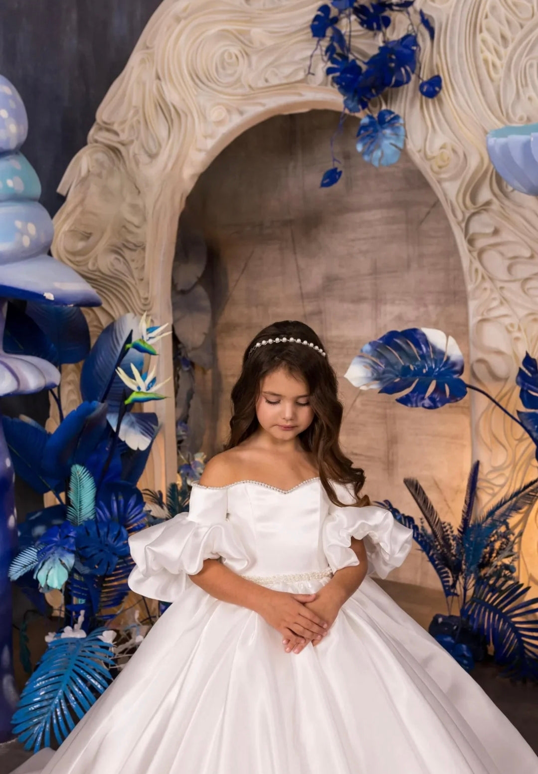 Satin Off The Shoulder Pearl Beaded Trim Sweetheart Flower Girl Gown