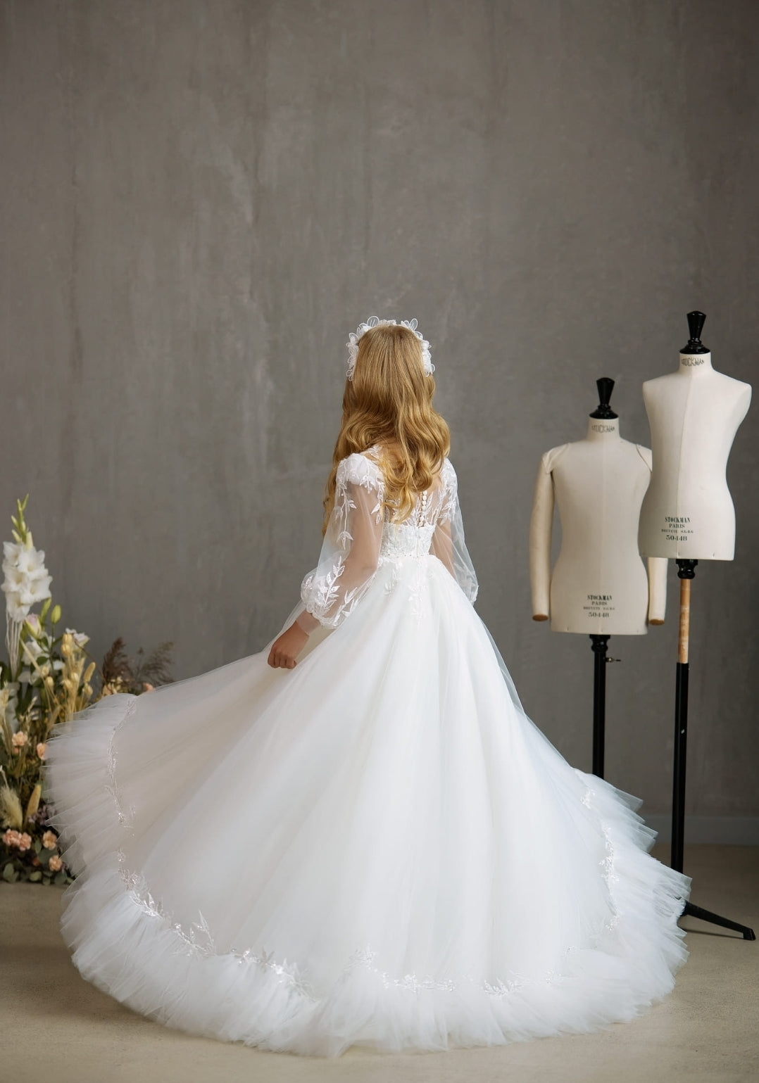 Sequinned Floral Lace Sheer Long Sleeve A-Line Flower Girl/Communion Gown