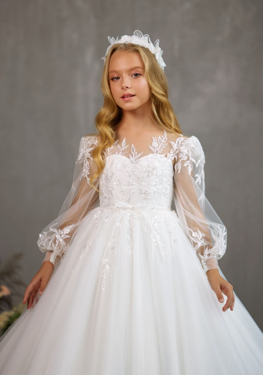 Sequinned Floral Lace Sheer Long Sleeve A-Line Flower Girl/Communion Gown